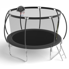 12 FT TRAMPOLINE BLACK PUMPKIN-STYLE SAFETY NET WITH BASKETBALL HOOP